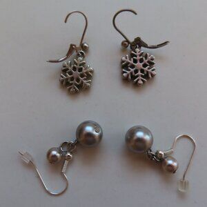 TWO silver earring sets:  snowflakes (sterling) and Christmas-y baubles